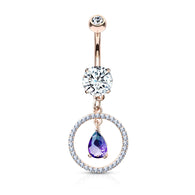 Rose Gold CZ Paved Circle With Pear Shaped 2 Tone Stone Dangle Belly Button Navel Rings