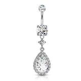 Round CZ Prong Set Large Tear CZ Shape Dangle 14kt Gold Plated Navel Belly Button Ring