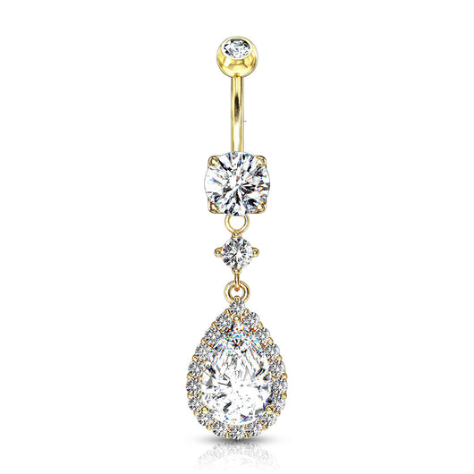 Large Tear CZ Shape Dangle 14kt Gold Plated Navel Belly Button Ring