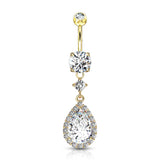 Round CZ Prong Set Large Tear CZ Shape Dangle 14kt Gold Plated Navel Belly Button Ring