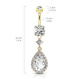 Round CZ Prong Set Large Tear CZ Shape Dangle 14kt Gold Plated Navel Belly Button Ring