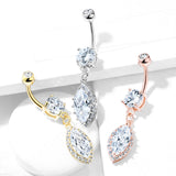 Round CZ Prong Set Large Marquise CZ Dangle 14kt Gold Plated Navel Belly Button Ring
