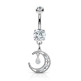 CZ Paved Crescent Moon Dangle Navel Belly Button Ring