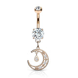 CZ Paved Crescent Moon Dangle Navel Belly Button Ring