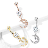 CZ Paved Crescent Moon Dangle Navel Belly Button Ring