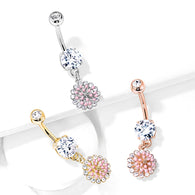 Pink Enamel Cluster CZ Around Dangle Navel Belly Button Ring