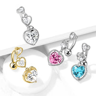 Triple Heart Vertical Drop Dangle Navel Belly Button Ring