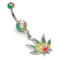 Jamaican Pot Leaf CZ Dangle Navel Belly Button Ring
