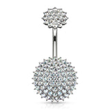 Internally Threaded Top CZ Paved Round Shields Navel Belly Button Ring