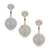 Internally Threaded Top CZ Paved Round Shields Navel Belly Button Ring