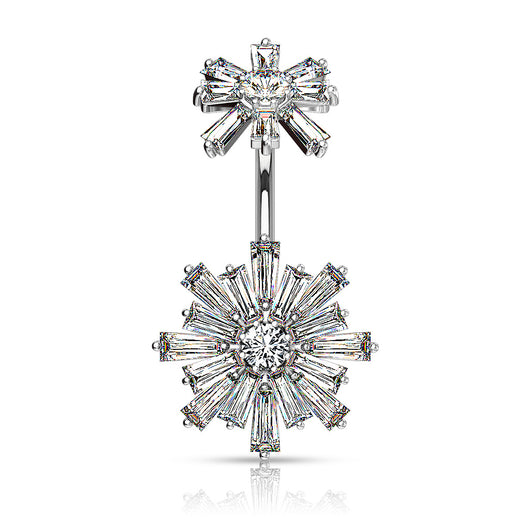 Double Tiered Baguette CZ Flower Internally Threaded Navel Belly Button Ring