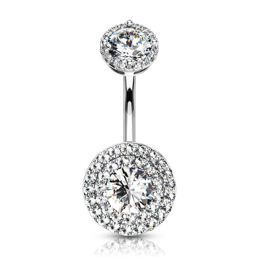 Double Tier Paved CZ With Internally Threaded Top Dangle Navel Belly Button Ring