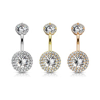 Double Tier Paved CZ With Internally Threaded Top Dangle Navel Belly Button Ring