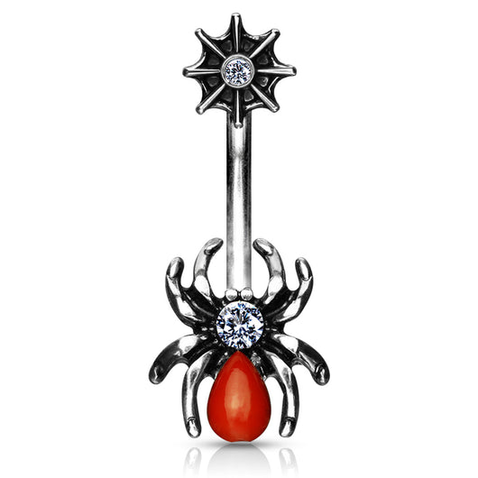 Red Spider and Web with CZ Surgical Steel Navel Belly Button Ring