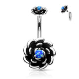 Antique Silver Opal Rose With Internal Threaded Opal Top Belly Button Navel Rings