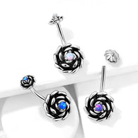 Antique Silver Opal Rose With Internal Threaded Opal Top Belly Button Navel Rings