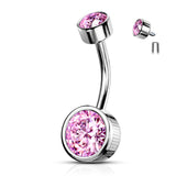 Bezel Set Round CZ Internally Threaded Navel Belly Button Ring