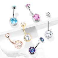 Bezel Set Round CZ Internally Threaded Navel Belly Button Ring