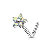 5 CZ Flower Top Surgical Steel L Bend Nose Stud Rings