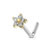 5 CZ Flower Top Surgical Steel L Bend Nose Stud Rings