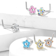 5 CZ Flower Top Surgical Steel L Bend Nose Stud Rings