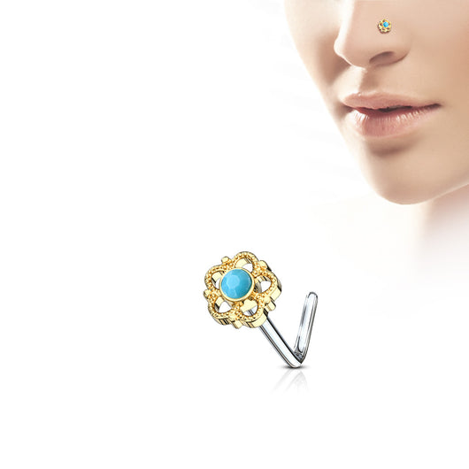Turquoise Flower Top Surgical Steel L Bend Nose Stud Rings
