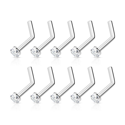 5 Pc Clear 2mm Prong Set CZ Top Surgical Steel L Bend Nose Ring Pack