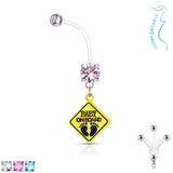 Double CZ Prong Set Baby On Board Sign Pregnancy Bio Flex Barbell Navel Belly Button Ring