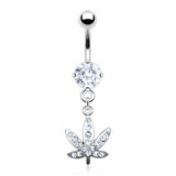 Pot Leaf Gem Pved Dangle 316L Surgical Steel Navel Belly Button Ring