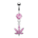 Pot Leaf Gem Pved Dangle 316L Surgical Steel Navel Belly Button Ring