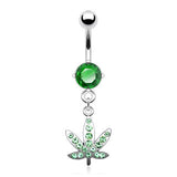 Pot Leaf Gem Pved Dangle 316L Surgical Steel Navel Belly Button Ring