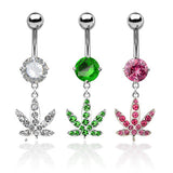 Pot Leaf Gem Pved Dangle 316L Surgical Steel Navel Belly Button Ring