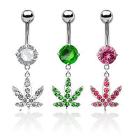 Pot Leaf Gem Pved Dangle 316L Surgical Steel Navel Belly Button Ring