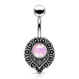 Pink Opalite Crystal Center Heart Filigree Navel Belly Button Ring