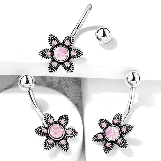 Pink Opalite Crystal Paved Flower Navel Belly Button Ring