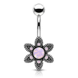 Pink Opalite Crystal Paved Flower Navel Belly Button Ring