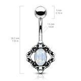 White Opalite Crystal Centered Filigree Square Navel Belly Button Ring