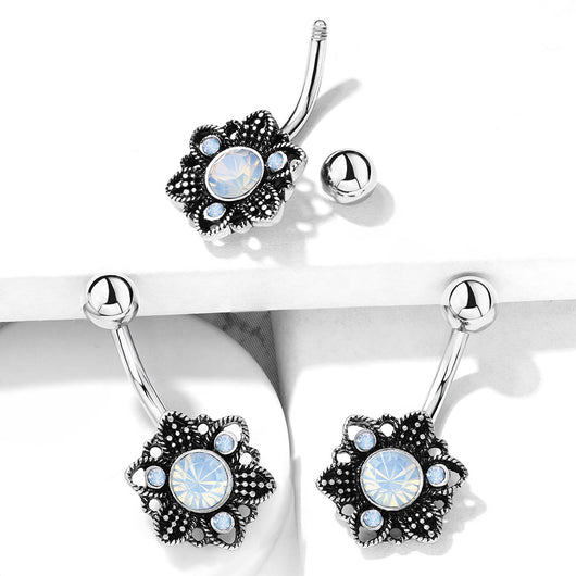 White Opalite Crystal Set Flower Navel Belly Button Ring
