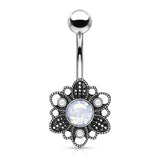 White Opalite Crystal Set Flower Navel Belly Button Ring