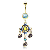 Tribal Beaded Filigree And Crystal Dangle Surgical Steel Navel Belly Button Rings
