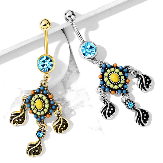 Tribal Beaded Filigree And Crystal Dangle Surgical Steel Navel Belly Button Rings