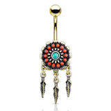 Tribal Flower With Turquoise Center Feather Dangle Surgical Steel Navel Belly Button Rings