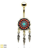 Tribal Flower With Turquoise Center Feather Dangle Surgical Steel Navel Belly Button Rings