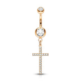 Crystal Paved Cross Dangle Double Jeweled Navel Belly Button Ring
