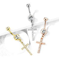 Crystal Paved Cross Dangle Double Jeweled Navel Belly Button Ring