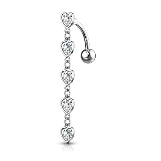5 Crystal Set Hearts Dangle Double Jeweled Navel Belly Button Ring