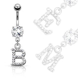 Clear Gem Paved Surgical Steel Initial Dangle Navel Belly Button Ring