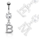Clear Gem Paved Surgical Steel Initial Dangle Navel Belly Button Ring