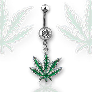 Pot Leaf CZ Dangle 316L Surgical Steel Navel Belly Button Ring