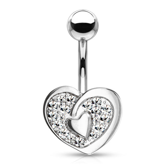 CZ Paved Heart With Heart Center Navel Belly Button Ring
